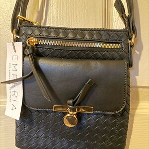 Emperia Black Woven Faux Leather Crossbody Bag with Gold Accents